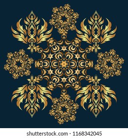 Vector illustration. Elegant Merry Christmas or Happy New Year 2018 seamless pattern with golden ornament on a blue background.