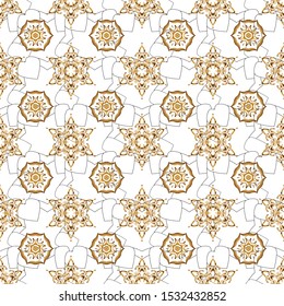 Vector illustration. Elegant Merry Christmas or Happy New Year 2019 seamless pattern with golden ornament on a background.
