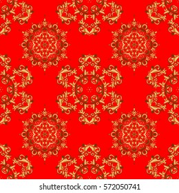 Vector illustration. Elegant Merry Christmas or Happy New Year 2018 seamless pattern with golden ornament on a red background.