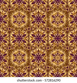 Vector illustration. Elegant Merry Christmas or Happy New Year 2018 seamless pattern with golden ornament on a purple background.