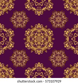 Vector illustration. Elegant Merry Christmas or Happy New Year 2018 seamless pattern with golden ornament on a purple background.