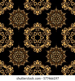 Vector illustration. Elegant Merry Christmas or Happy New Year 2018 seamless pattern with golden ornament on a black background.