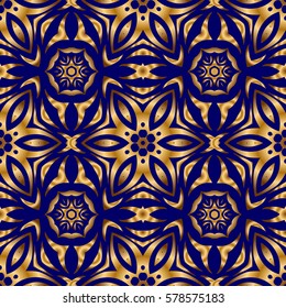 Vector illustration. Elegant Merry Christmas or Happy New Year 2018 seamless pattern with golden ornament on a blue background.