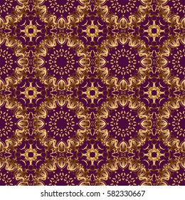 Vector illustration. Elegant Merry Christmas or Happy New Year 2018 seamless pattern with golden ornament on a purple background.