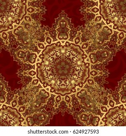 Vector illustration. Elegant Merry Christmas or Happy New Year 2018 seamless pattern with golden ornament on a red background.