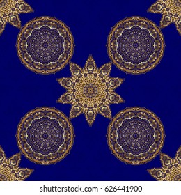Vector illustration. Elegant Merry Christmas or Happy New Year 2018 seamless pattern with golden ornament on a blue background.