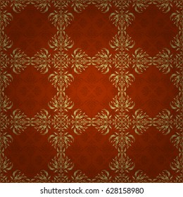 Vector illustration. Elegant Merry Christmas or Happy New Year 2018 seamless pattern with golden ornament on a brown background.