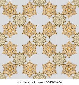 Vector illustration. Elegant Merry Christmas or Happy New Year 2018 seamless pattern with golden ornament on a gray background.
