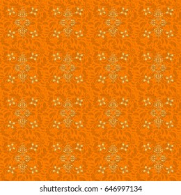 Vector illustration. Elegant Merry Christmas or Happy New Year 2018 seamless pattern with golden ornament on a orange background.