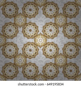 Vector illustration. Elegant Merry Christmas or Happy New Year 2018 seamless pattern with golden ornament on a gray background.