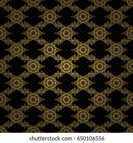 Vector illustration. Elegant Merry Christmas or Happy New Year 2018 seamless pattern with golden ornament on a black background.