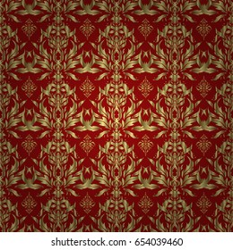 Vector illustration. Elegant Merry Christmas or Happy New Year 2018 seamless pattern with golden ornament on a red background.