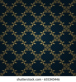 Vector illustration. Elegant Merry Christmas or Happy New Year 2018 seamless pattern with golden ornament on a blue background.