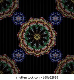 Vector illustration. Elegant Merry Christmas or Happy New Year 2018 seamless pattern with blue, yellow and green ornament on a black background.