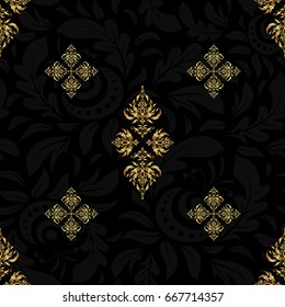 Vector illustration. Elegant Merry Christmas or Happy New Year 2018 seamless pattern with golden ornament on a black background.