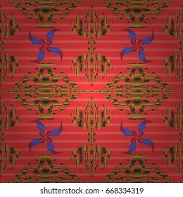 Vector illustration. Elegant Merry Christmas or Happy New Year 2018 seamless pattern with red, orange and yellow ornament.
