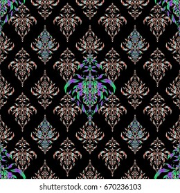 Vector illustration. Elegant Merry Christmas or Happy New Year 2018 seamless pattern with orange and violet ornament on a black background.
