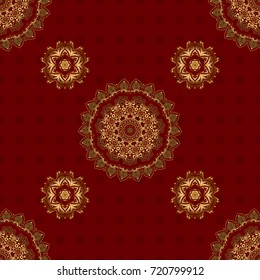Vector illustration. Elegant Merry Christmas or Happy New Year 2018 seamless pattern with golden ornament on a red background.