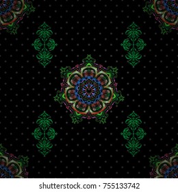 Vector illustration. Elegant Merry Christmas or Happy New Year 2018 seamless pattern with brown, pink and green ornament on a black background.