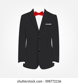 Vector illustration elegant, modern businessman black suit with red bow tie. Suit icon