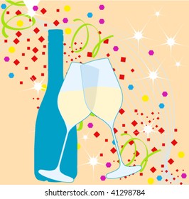 Vector illustration of elegant New Year's Party with champagne bottle and glasses