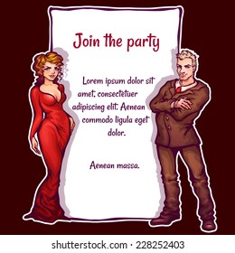 Vector illustration of elegant party invitation with man and woman.
