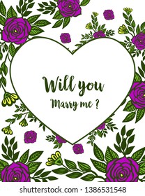 Vector illustration elegant purple wreath frame for lettering will you marry me