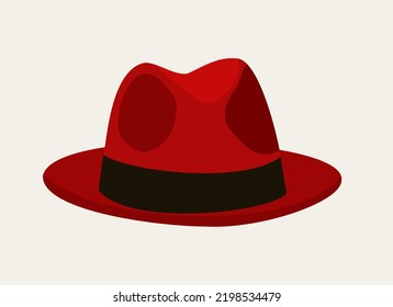 Vector illustration of elegant red fedora hat isolated on light beige background.