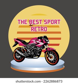 vector illustration of an elegant red sporty motorcycle on a yellow circle background.