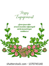 Vector illustration elegant rose flower frame with greeting card of happy engagement of hand drawn