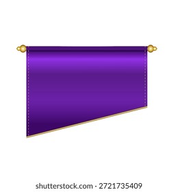 Una Ilustración vectorial de un elegante Anuncio o pergamino púrpura real, suspendido de una varilla dorada con remates ornamentados. El Anuncio presenta un rico gradiente púrpura, un borde dorado distinto a lo largo de su borde inferior derecho y sutiles líneas discontinuas que se asemejan a las costuras en los lados de su Vertical. Diseñado con un amplio espacio de copia, este sofisticado gráfico es ideal para anuncios, títulos, textos o Elementos decorativos en varios proyectos de diseño, evocando una sensación de lujo, prestigio y celebración.