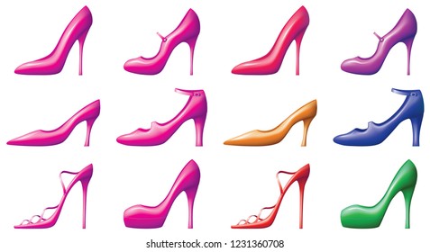 A vector illustration of elegant shoes in different designs and colours