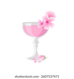 Vector illustration of an elegant spring or summer drink glass filled with pink liquid and adorned with pink flowers. A couple of petals are delicately placed at the base, creating a charming scene
