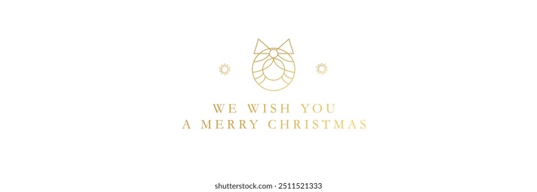 Vector illustration. Elegant text We wish you a Merry Christmas designed with gold ornament and bow against white background. Concept of winter holidays celebration. Minimalist design.