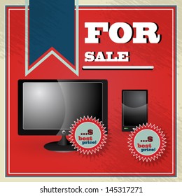 Vector illustration of elegant vintage best price offer for lcd tv with smartphone