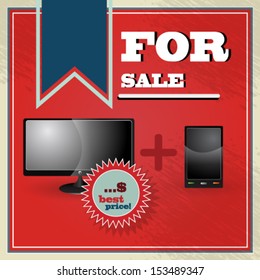 Vector illustration of elegant vintage best price offer for lcd tv with smartphone