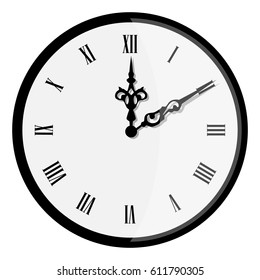 Vector illustration elegant wall clock with vintage hour hand isolated on white background. Clock on wall shows eight o'clock. Roman numeral clock
