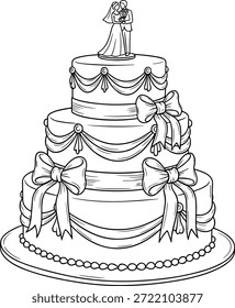 Vector illustration of elegant wedding cake with bride and groom topperVector illustration of elegant wedding cake with bride and groom topper