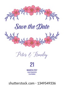Vector illustration elegant wedding invitation card with various style purple leafy flower frame hand drawn