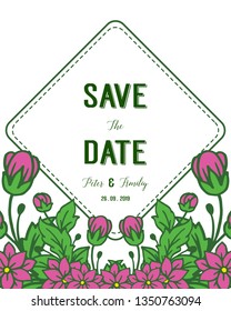 Vector illustration elegant wedding invitation card with beauty green leafy flower frame hand drawn