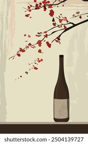 Vector illustration of an elegant wine bottle with plum blossoms, on a beige background, in the style of Chinese art. Vector illustration