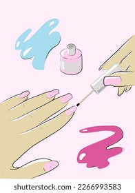 Vector illustration of elegant woman hand doing manicure, nail polish on the light background