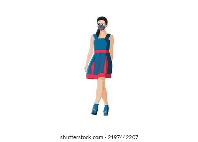 Vector Illustration Of Elegant Women Walking With Mask