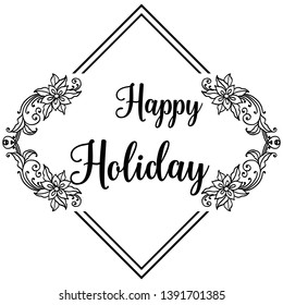 Vector illustration elegant wreath frame with lettering happy holiday