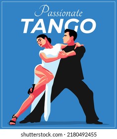 Vector illustration of elegant young couple of man and woman dancing tango in flat minimalistic style. Advertisement of a dance studio, tango lessons, master classes, parties, events. Vintage poster.