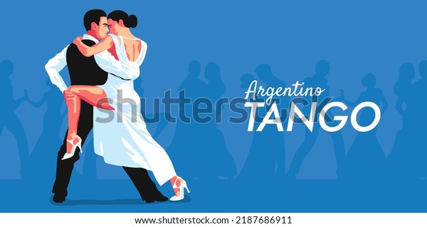 Vector illustration of elegant young couple of\
man and woman dancing tango in flat minimalistic style.\
Advertisement of a dance studio, tango lessons, master classes,\
parties, events. Vintage\
poster.