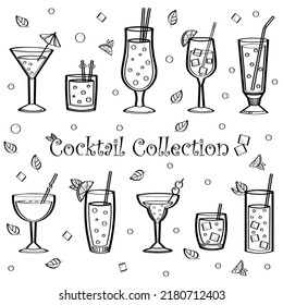 Vector illustration element coctail  in doodle style. Hand drawn. Icon, symbol, logo. cocktail glasses collection.