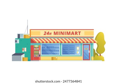 Elemento de Ilustración vectorial del edificio minimarket de la tienda de conveniencia, estilo de diseño plano del edificio minimart y de la tienda para la ciudad y la ilustración del fondo