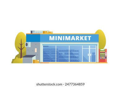 Elemento de Ilustración vectorial del edificio minimarket de la tienda de conveniencia, estilo de diseño plano del edificio minimart y de la tienda para la ciudad y la ilustración del fondo