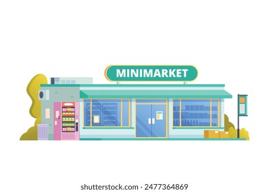 Elemento de Ilustración vectorial del edificio minimarket de la tienda de conveniencia, estilo de diseño plano del edificio minimart y de la tienda para la ciudad y la ilustración del fondo